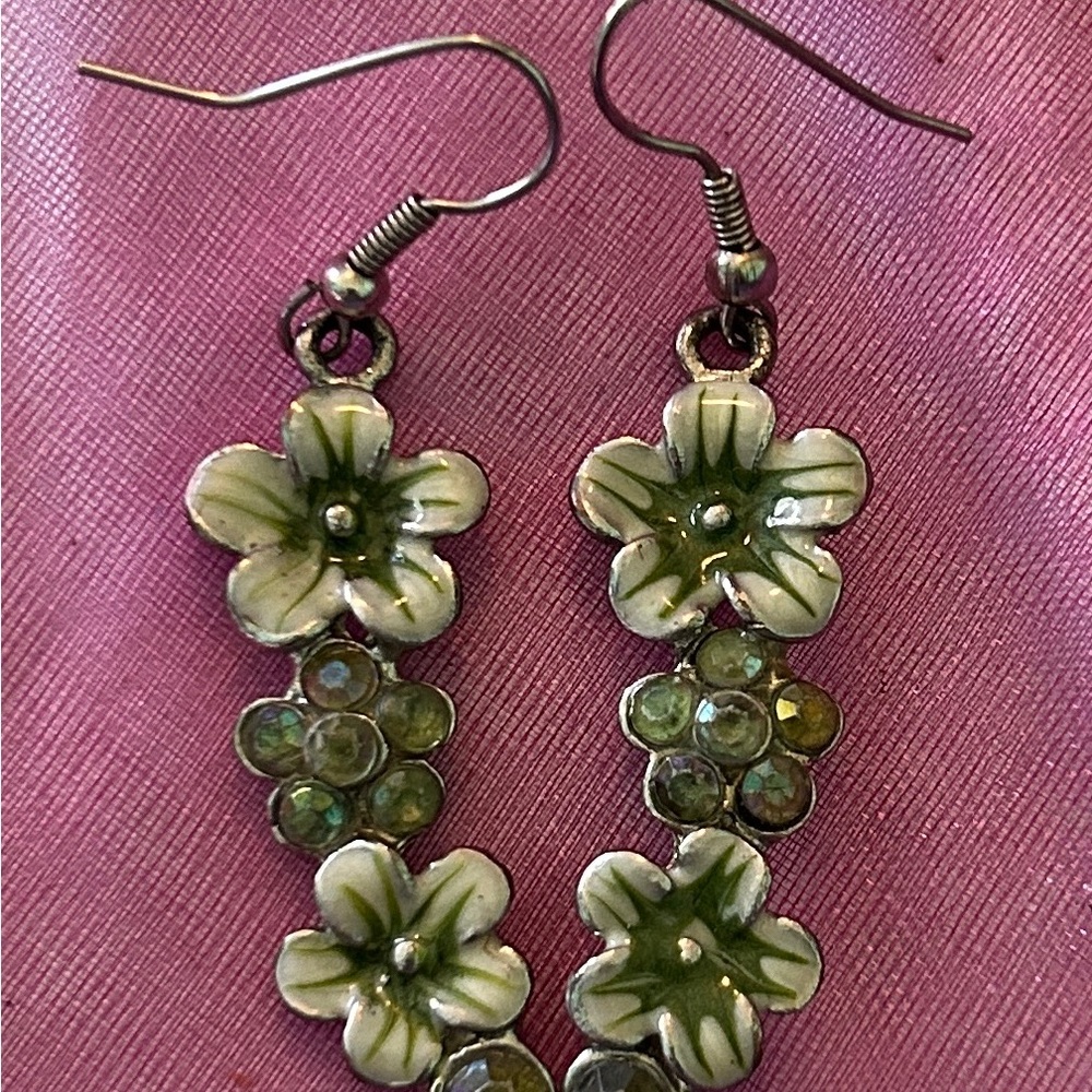 Floral Green and Silver Earrings
